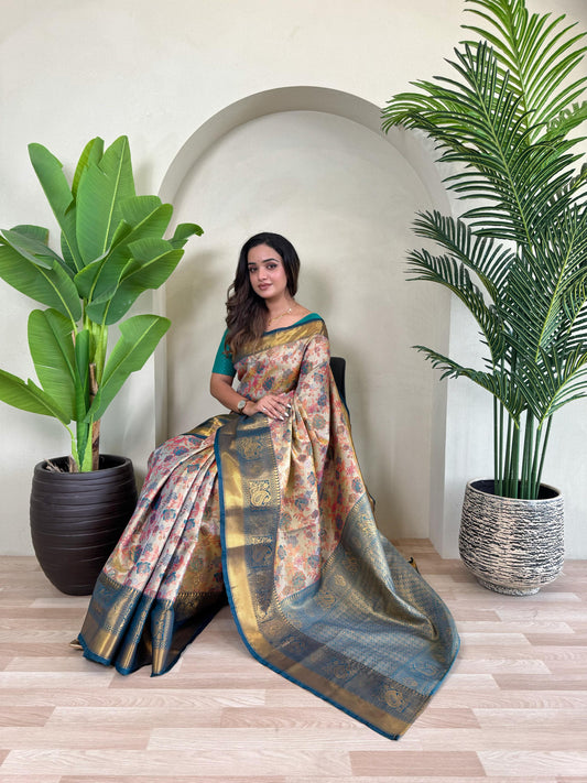 Demanding Kanchipuram Teal Blue Color Saree