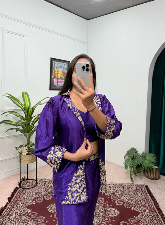 Wedding & Party Wear Purple Color Embroidery Work Palazzo Suit With Koti