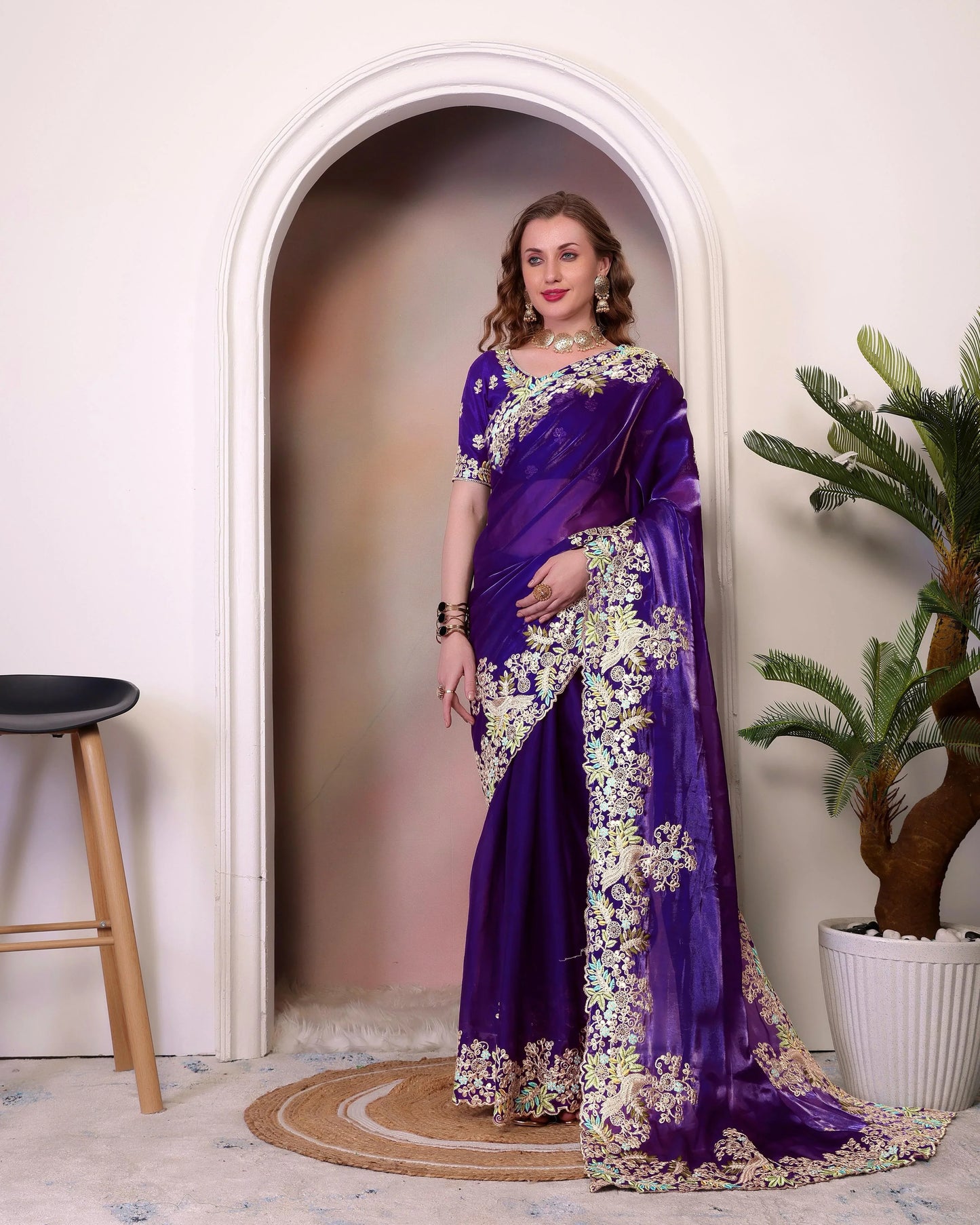 Traditional Wear Embroidery Work Purple Color Saree