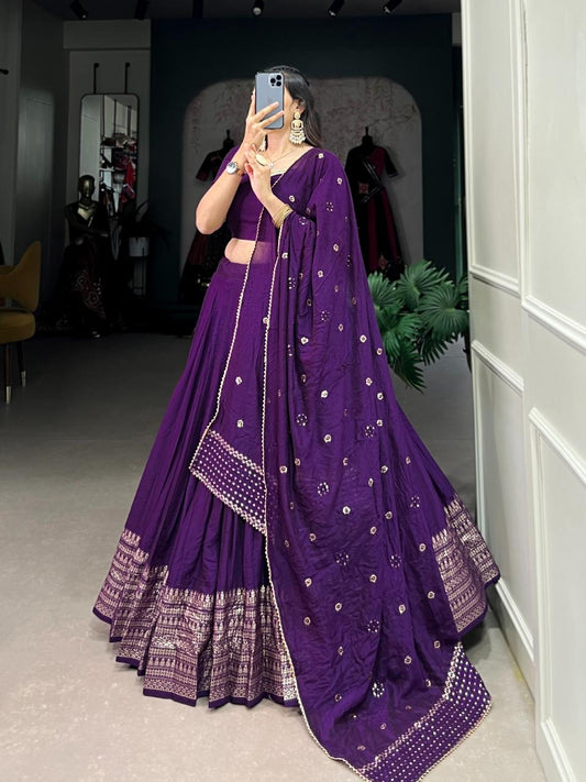 Pure Chanderi Plain Lehenga with Intricate Zari Work Border,