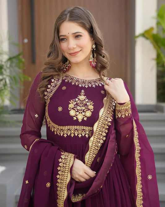Designer Heavy Work Wine Color Gown