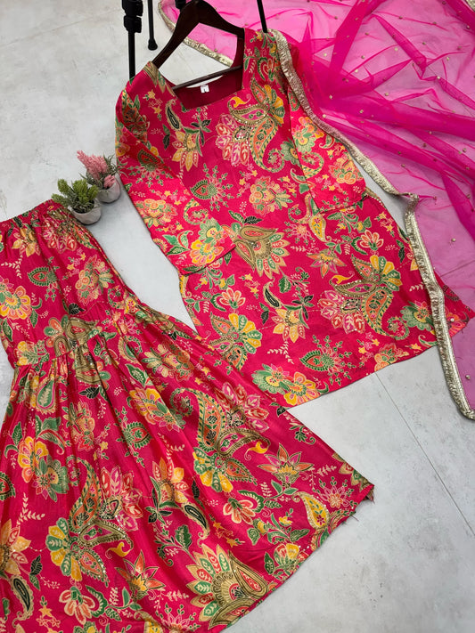 Delightful Embroidery Work Multi Pink Color Sharara Suit