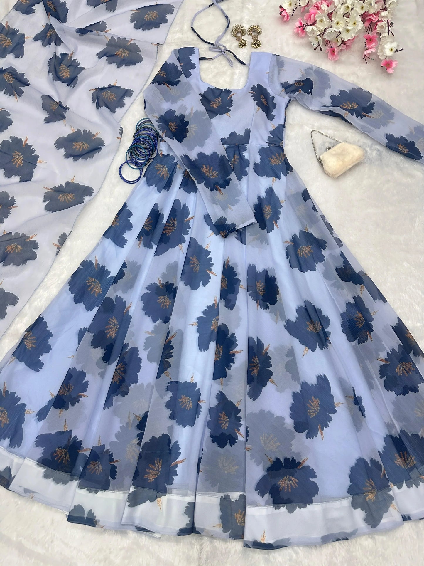 Outstanding Digital Printed Sky Blue Color Anarkali Suit
