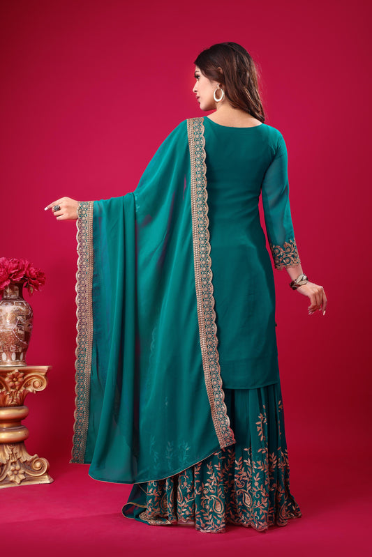 Traditional Wear Embroidery Work Teal Blue Color Sharara Suit