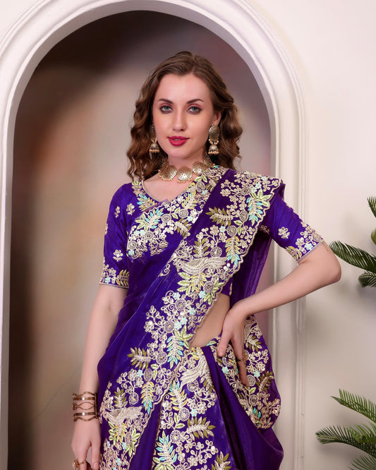 Traditional Wear Embroidery Work Purple Color Saree