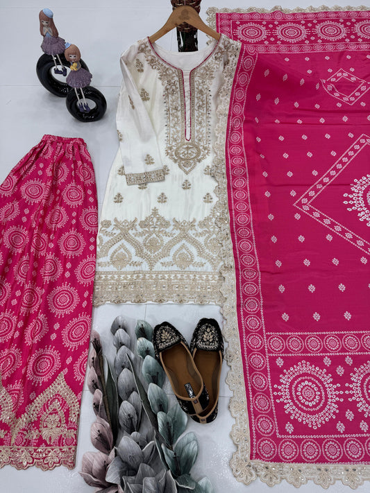 Demanding Heavy Work White Color Sharara Suit With Pink Dupatta