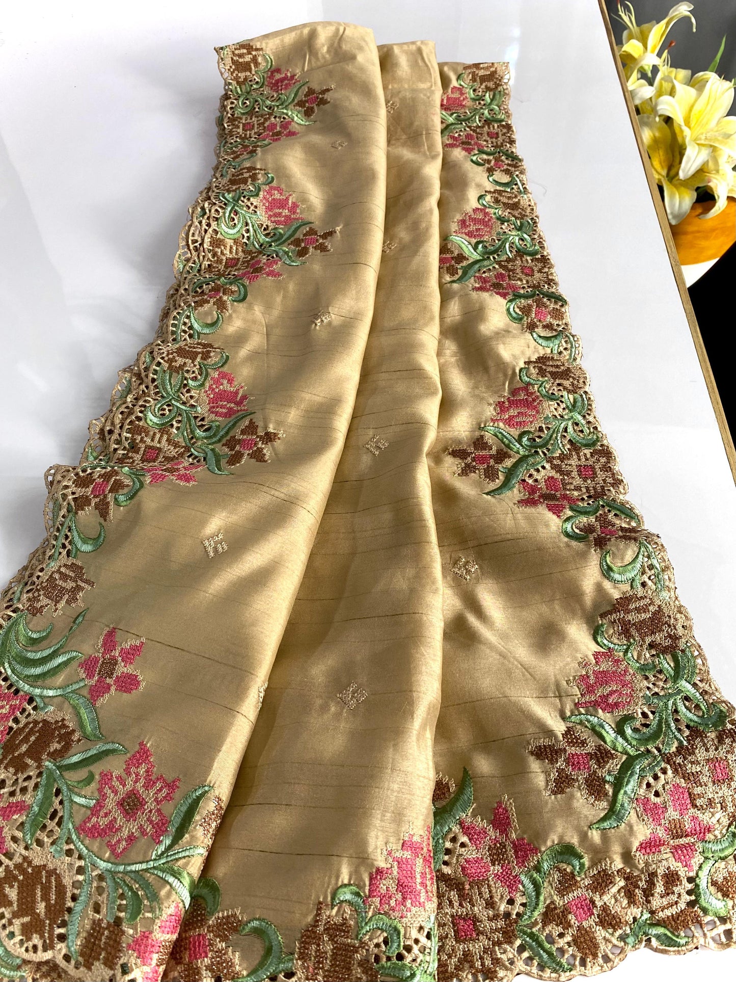 Wedding Wear Tussar Silk Cream Color Saree