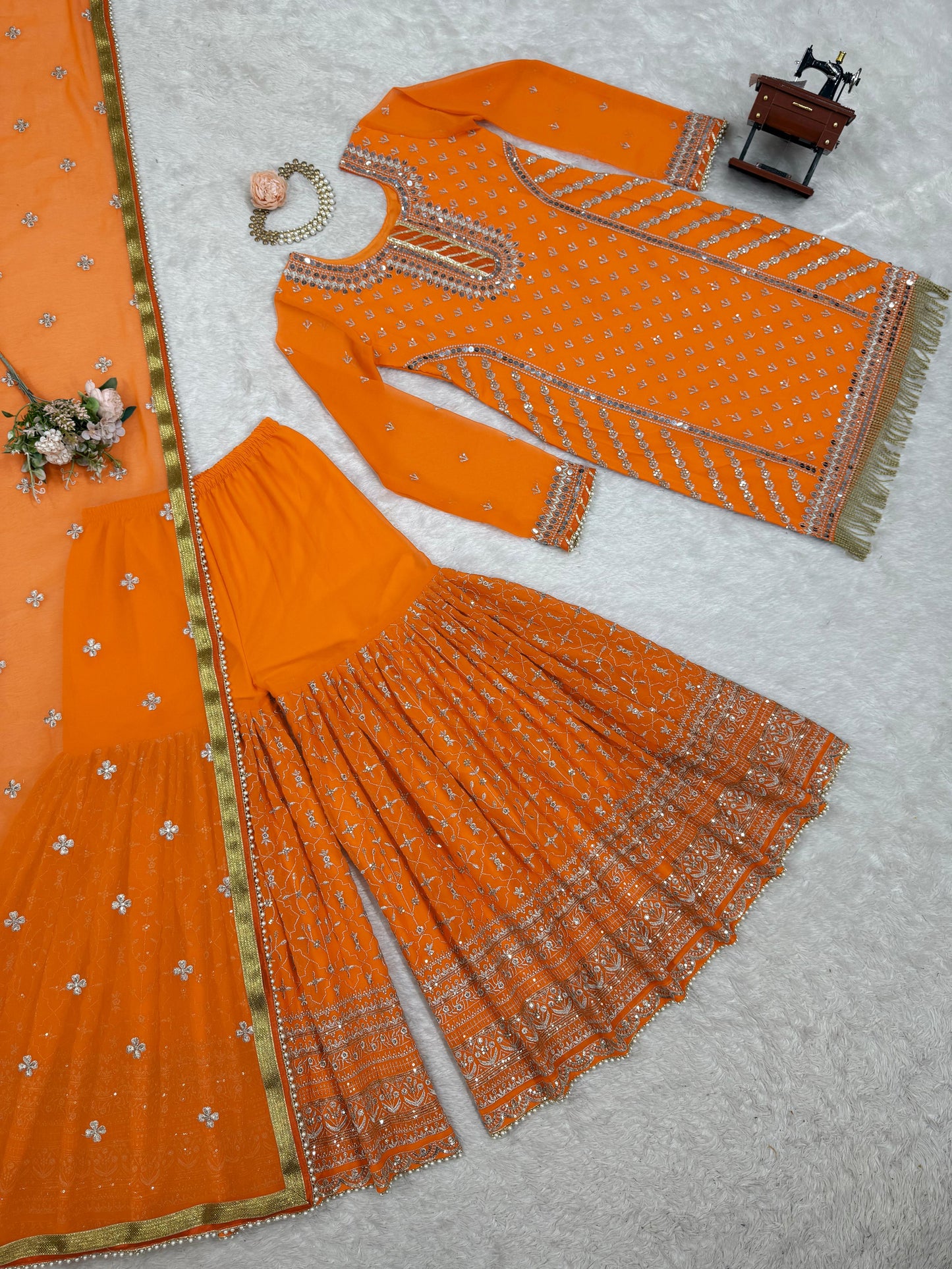 Blissful Gorgette Sequence Work Orange Color Sharara Suit