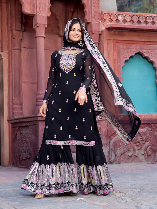 Delightful Heavy Work Black Color Sharara Suit