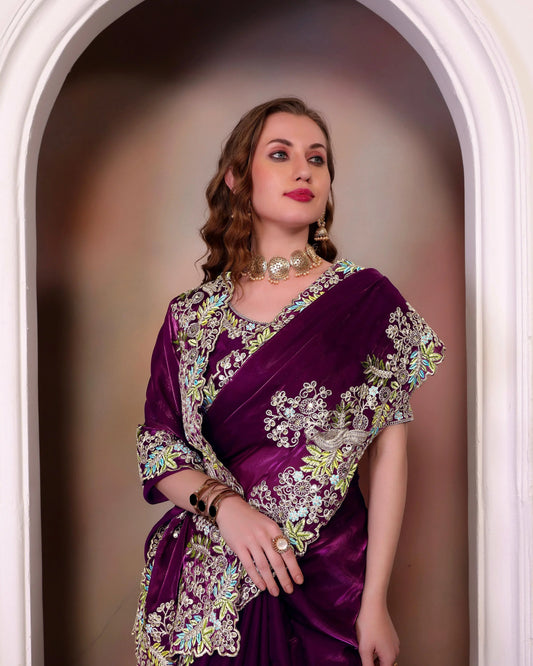 Traditional Wear Embroidery Work Wine Color Saree