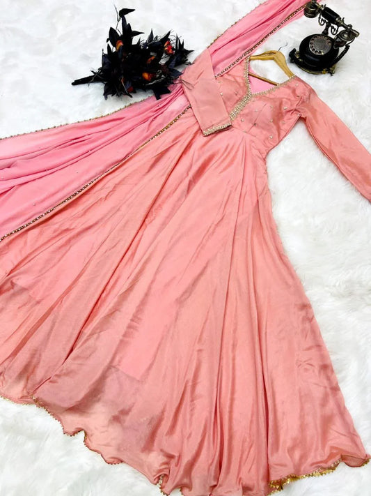 Stunning Embroidery Sequence Work Pink Color Gown