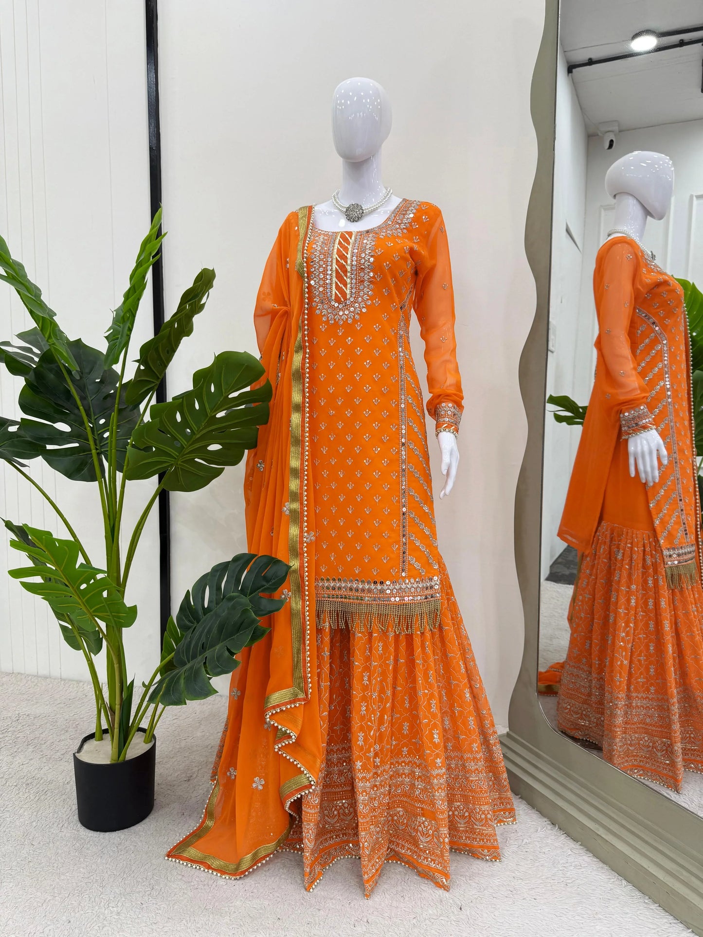 Blissful Gorgette Sequence Work Orange Color Sharara Suit