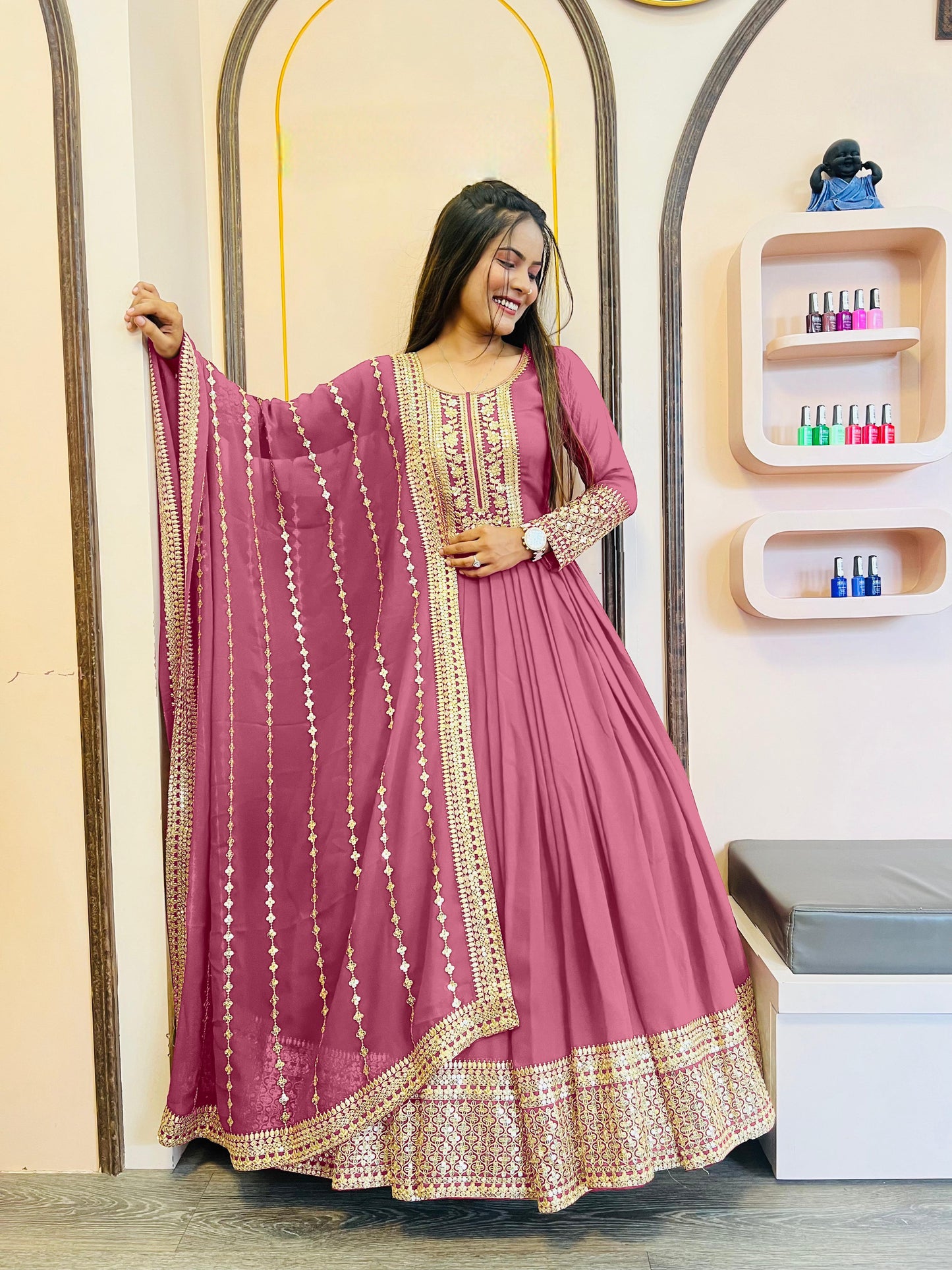 Shining Golden Sequence Work Long Pink Gown WIth Dupatta