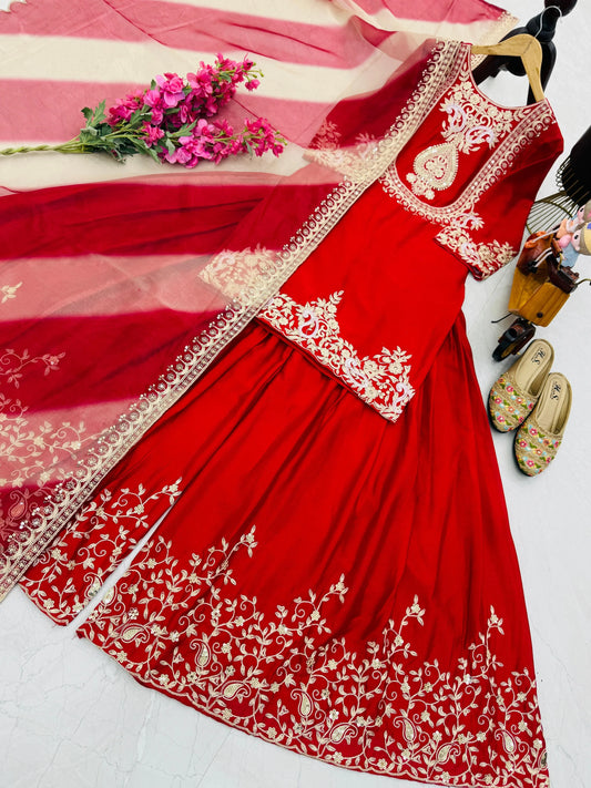 Preferable Heavy Red Color Sharara Suit