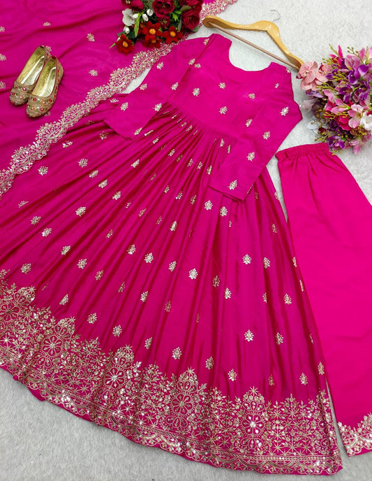Good Looking Chinon Silk Pink Color Sequins Work Gown