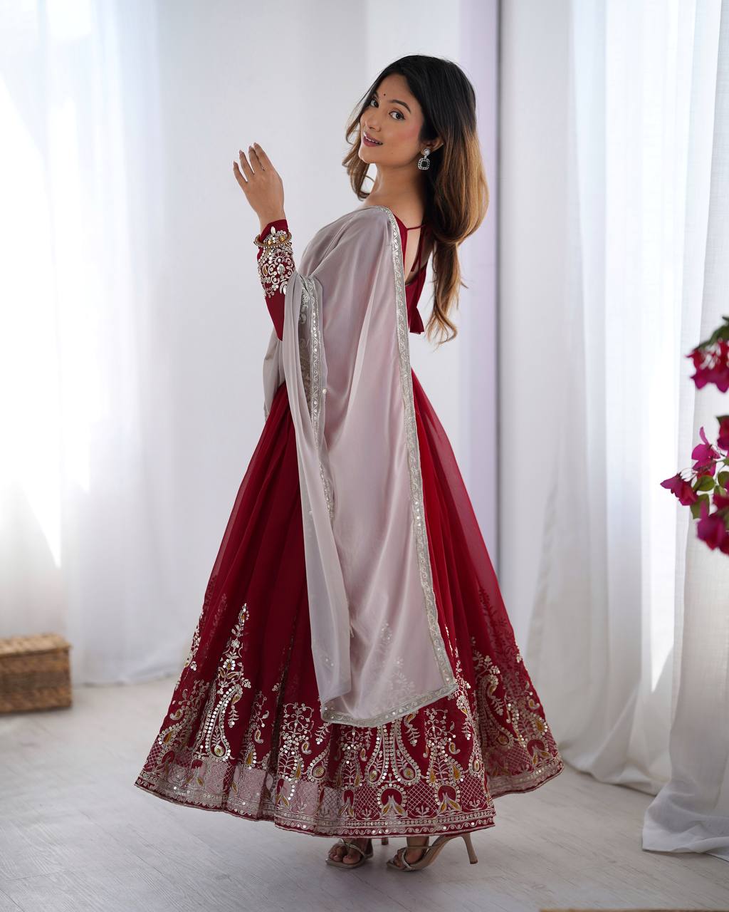 Beautiful Maroon Color Gown With White Dupatta