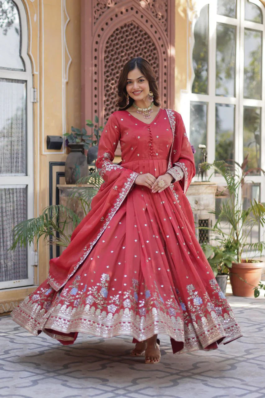 Fantastic Sequins Work Red Color Gown