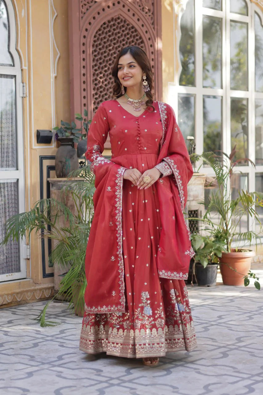 Fantastic Sequins Work Red Color Gown