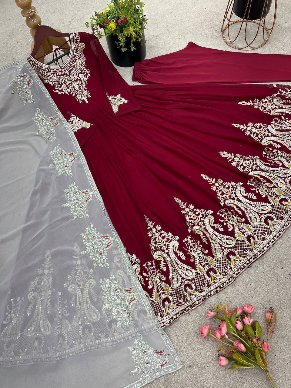 Beautiful Maroon Color Gown With White Dupatta