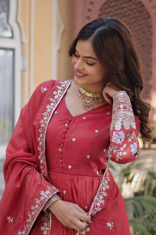 Fantastic Sequins Work Red Color Gown