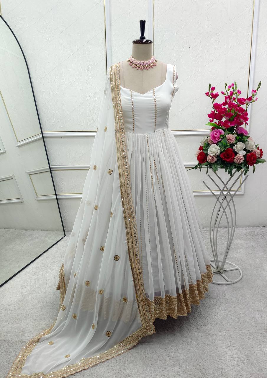 Attractive Sequins Work White Color Gown