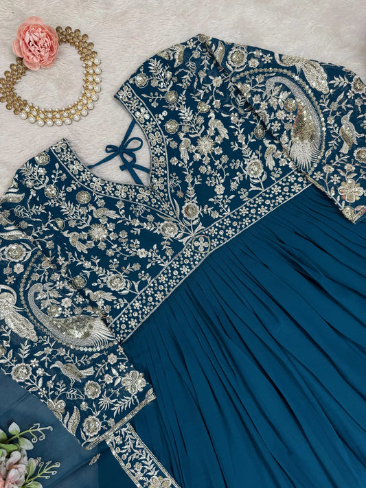 Flattering Heavy Work Navy Blue Color Gown