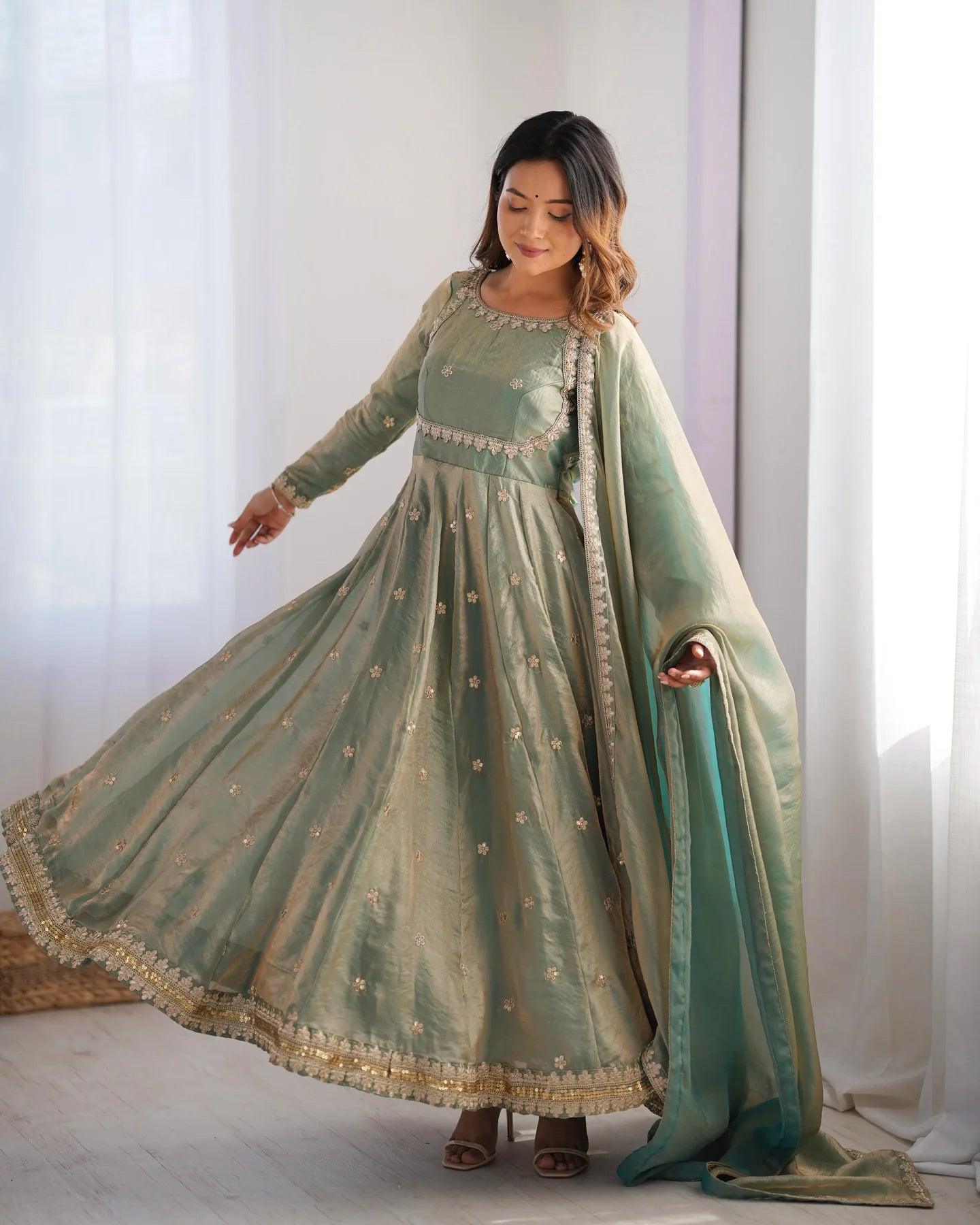 Fancy Sequins Work Green Color Silk Gown