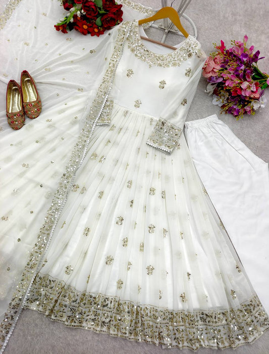 Good Looking Georgette Sequins Work White Color Gown