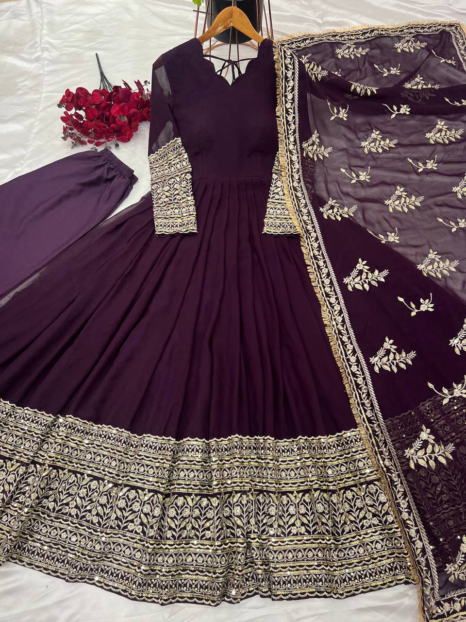 Heavy Sequins Work Wine Color Gown With Dupatta