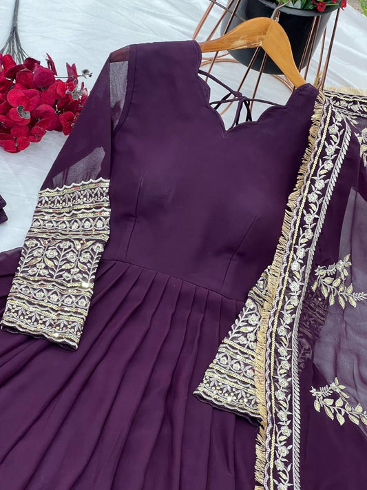 Heavy Sequins Work Wine Color Gown With Dupatta