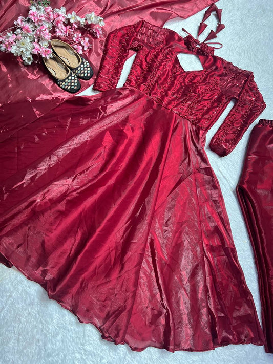 Flattering Sequins Work Maroon Color Anarkali Gown