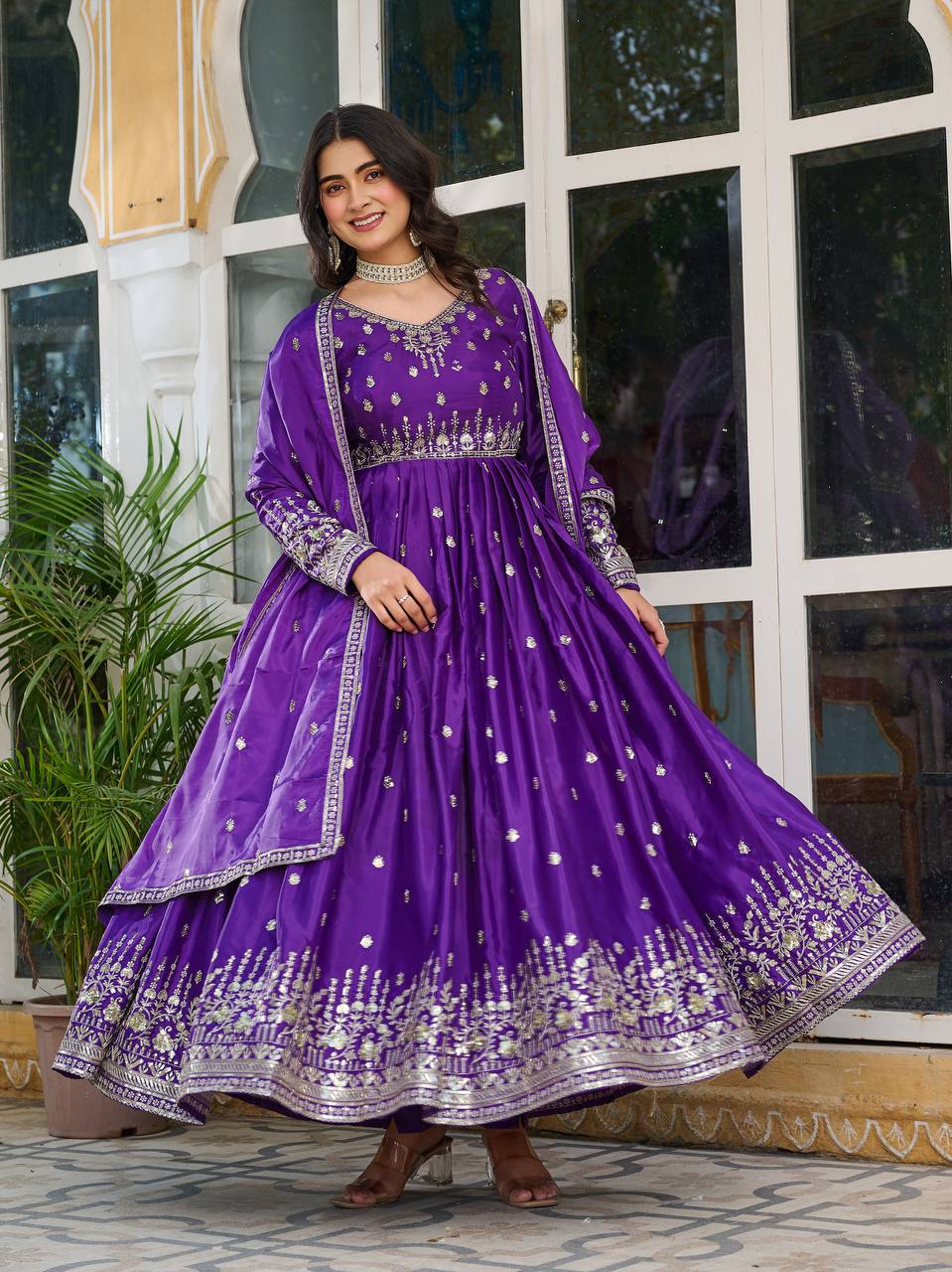 Attractive Sequins Work Purple Color Gown