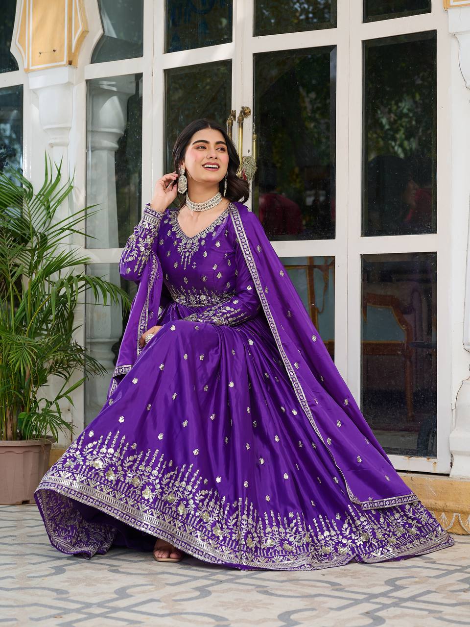 Attractive Sequins Work Purple Color Gown