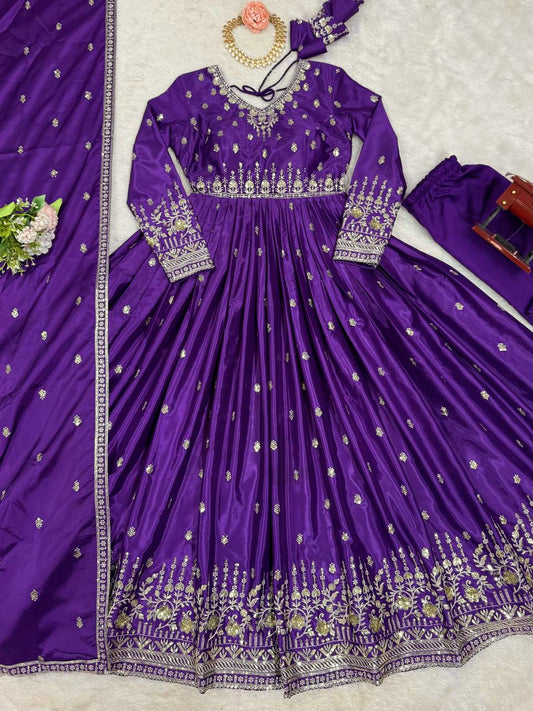 Attractive Sequins Work Purple Color Gown