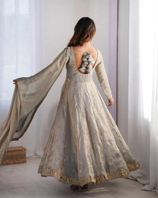 Fancy Sequins Work Grey Color Silk Gown