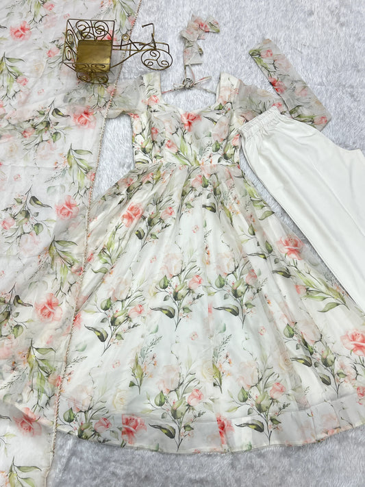 Gorgeous Flower Print White Color Anarkali Gown