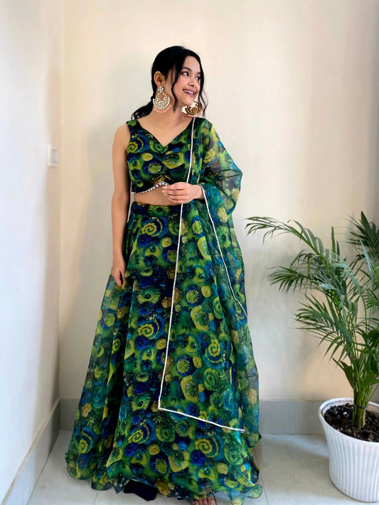 Pretty Floral Printed Green Color Organza Silk Lehenga Choli