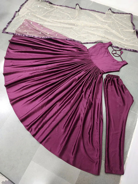 Stylish Heavy Japan Silk Wine Color Gown