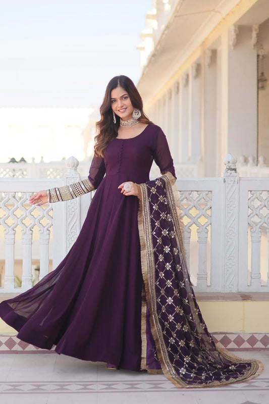 Outstanding Purple Color Sequins Embroidered Long Anarkali Gown