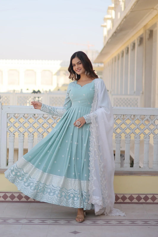 Glimmering Sky Blue Color Thread Sequins Work Anarkali Suit
