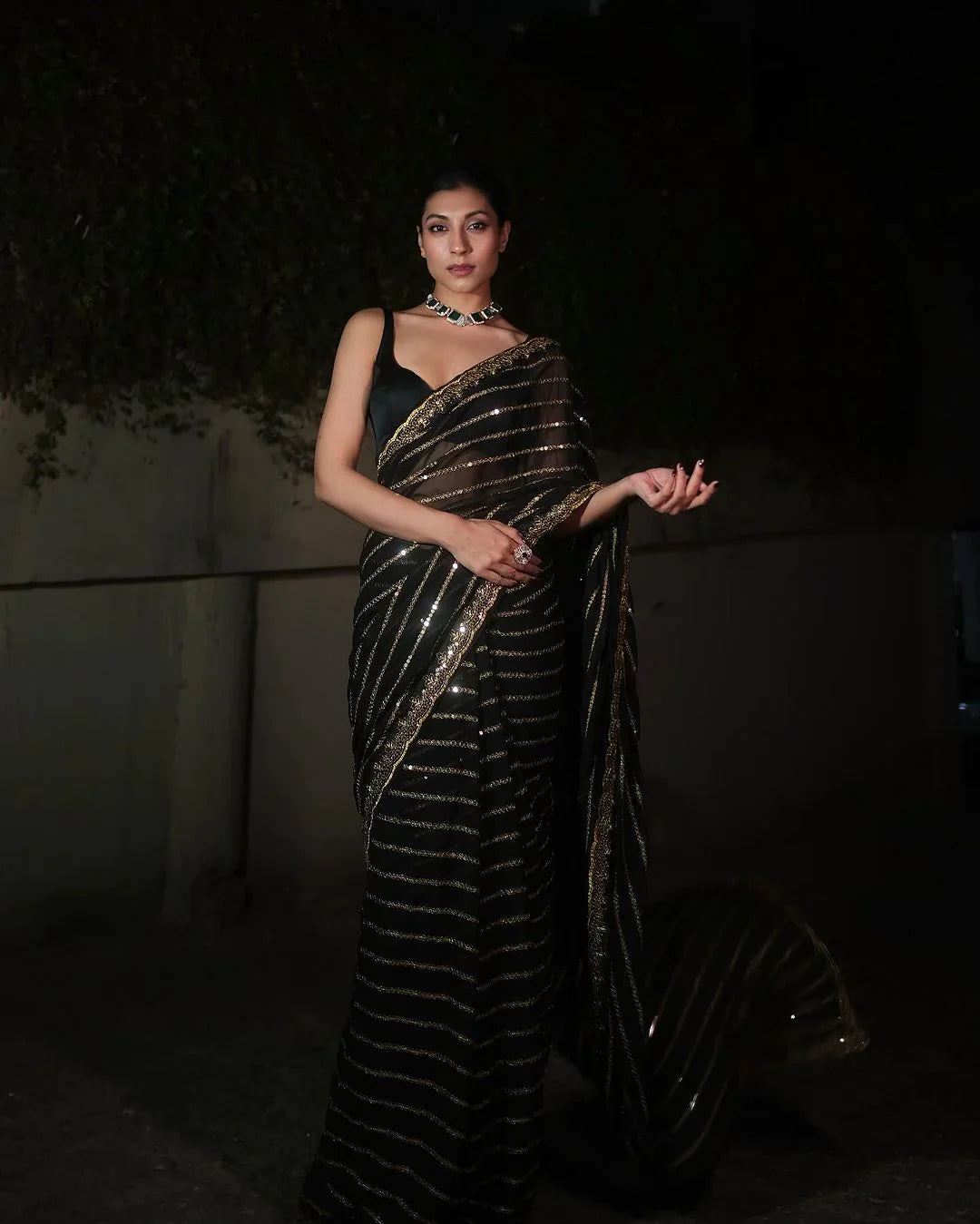 Outstanding Sequence Embroidery Work Black Saree