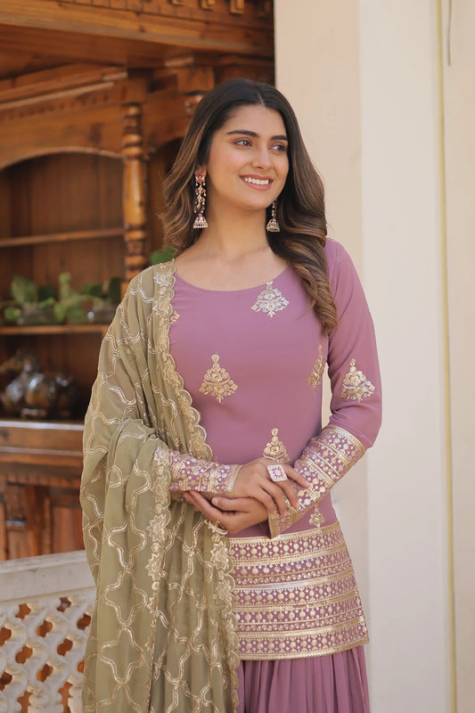 Demanding Sequins & Thread Embroidered work Peach Color Sharara Suit