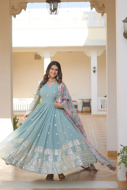 Outstanding Embroidery Zari Sequins-work Sky Blue Color Gown