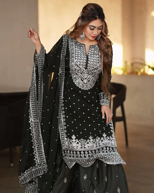 Decent Embroidery Sequence Work Black Color Sharara Suit