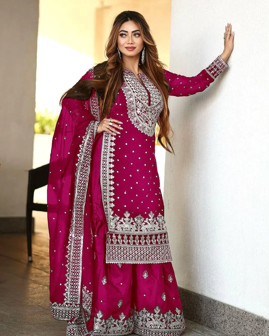Decent Embroidery Sequence Work Pink Color Sharara Suit
