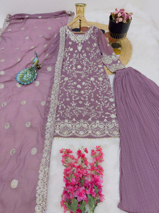 Stunning Embroidery Sequence Work Lavender Color Suit