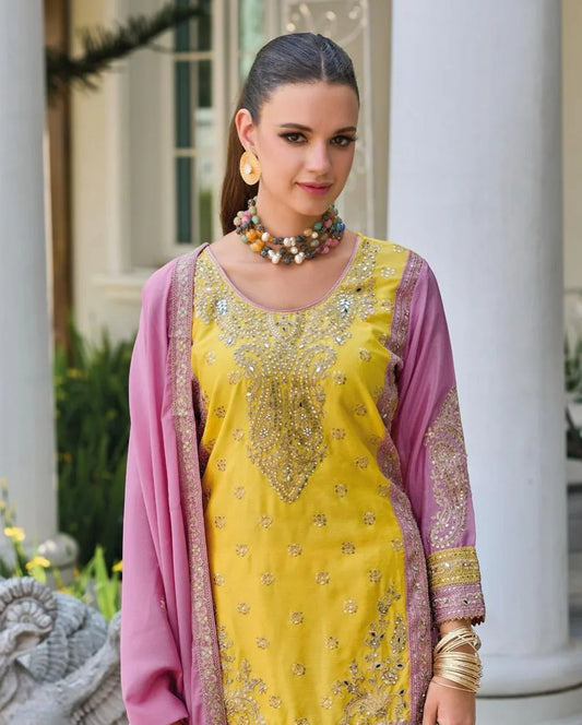 Designer Embroidery Sequence Work Yellow Color Sharara Suit