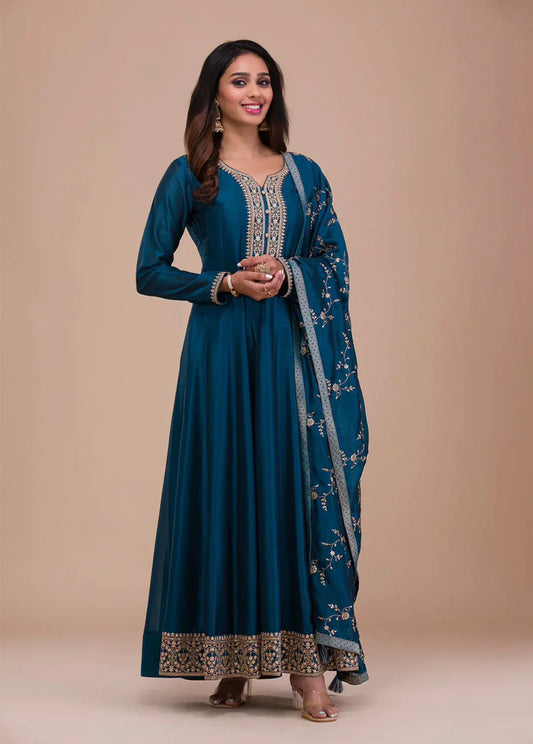 Flattering Sequence Embroidery Work Tel Color Gown
