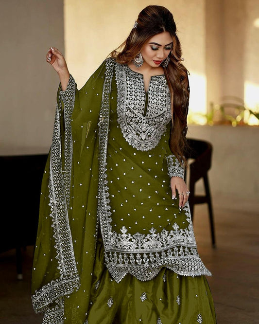 Decent Embroidery Sequence Work Green Color Sharara Suit