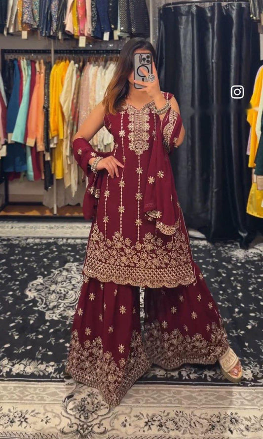 Shining Embroidery Work Red Color Sharara Suit